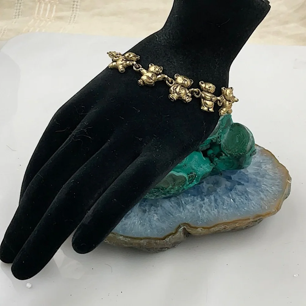 7 1/2” W/2”Ex. Golden Gold Teddy Bear Charm Bracelet With Lobster Claw Closure - Picture 7 of 7